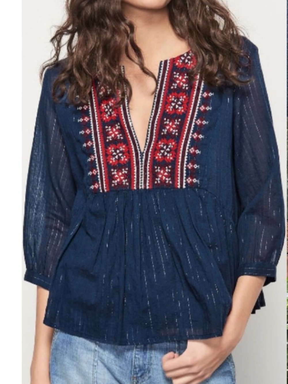 BA&SH Navy Embroidered V-Neck Peasant Blouse Top 6 S Small